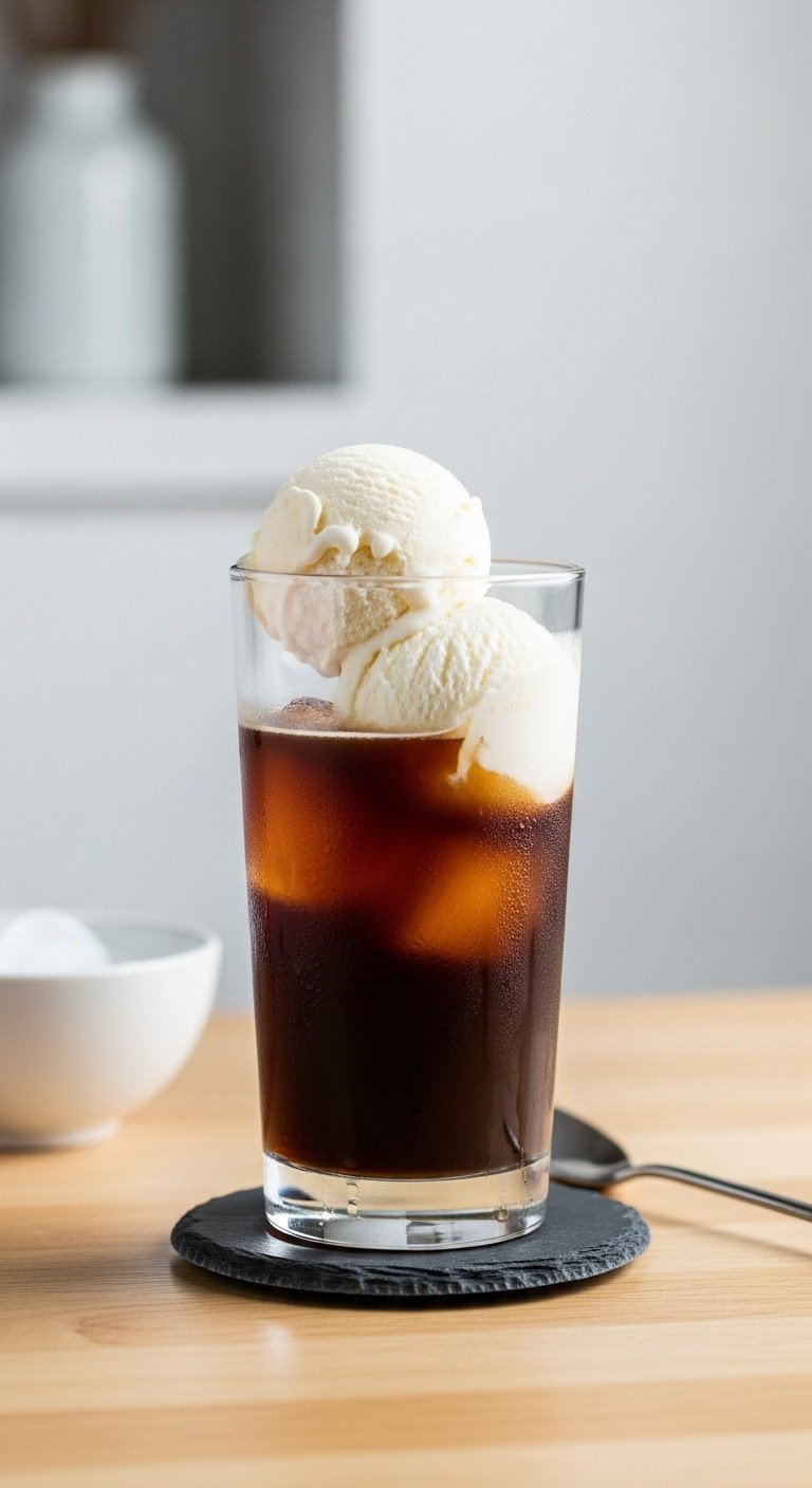 Make Rich And Creamy Cold Coffee With Ice Cream At Home 7 Iced coffee float in clear glass with cold brew, melting vanilla ice cream, condensation, spoon on slate coaster. Refreshing.