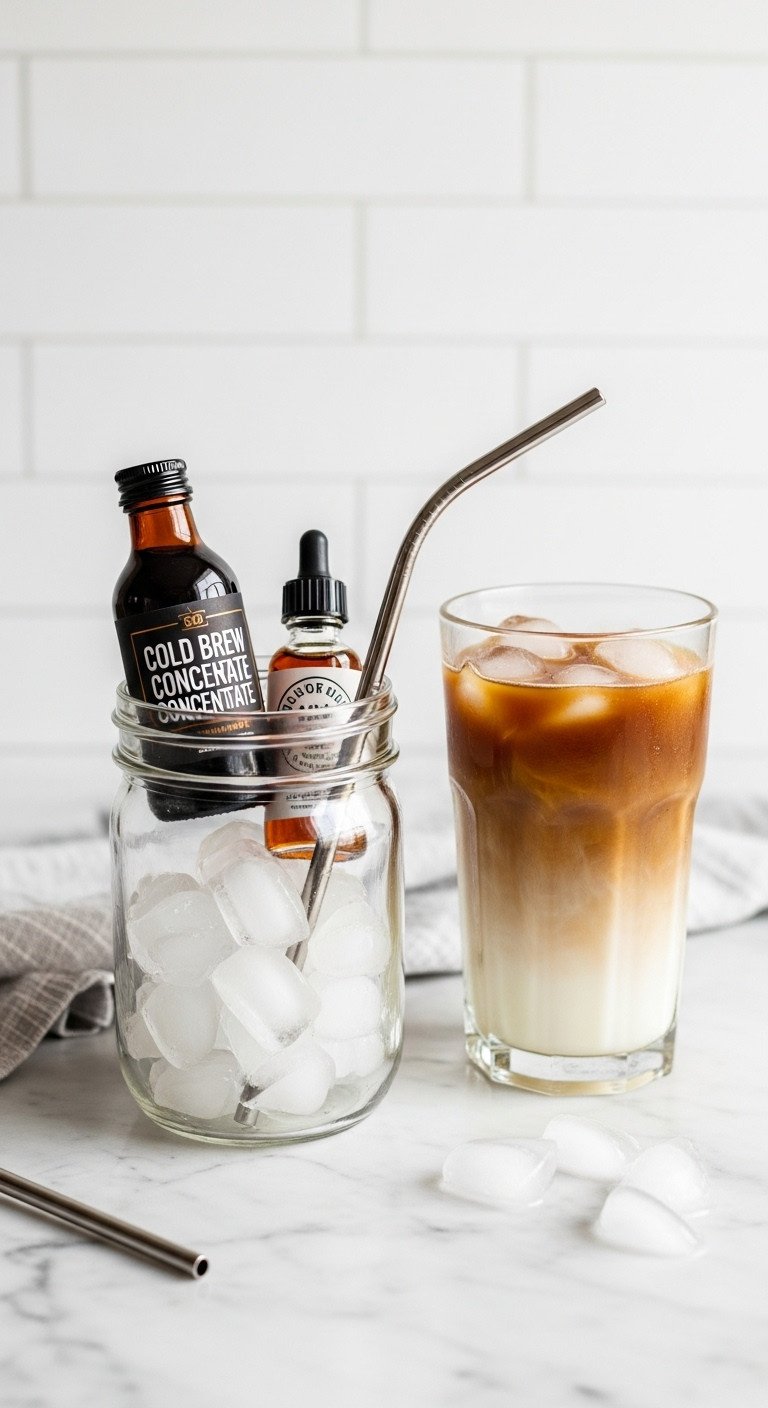 Iced coffee lover's kit in a mason jar with cold brew syrup and metal straw on marble counter with iced coffee glass