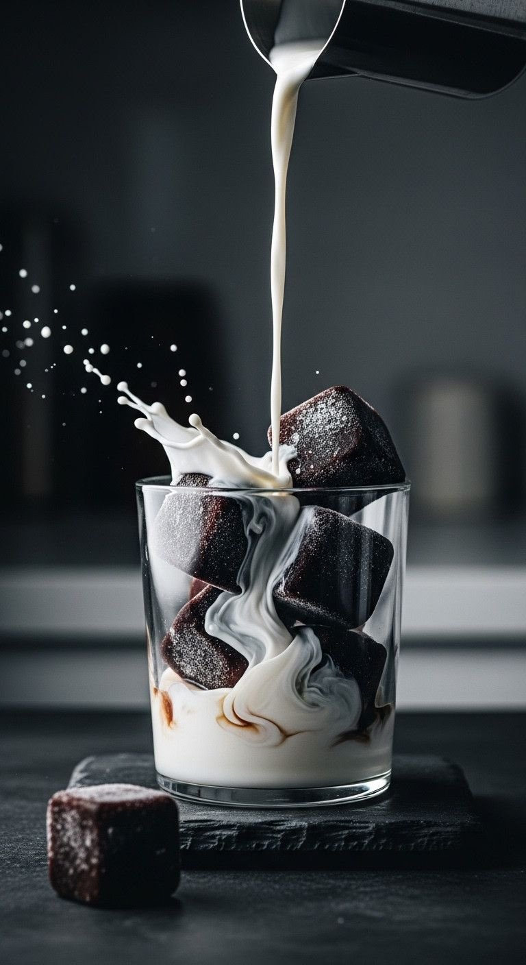Thick Cold Coffee Secrets To End Watery Drinks Forever 7 Iced coffee milk pour over dark frozen coffee cubes in glass, swirling milk, splashes on dark stone surface.