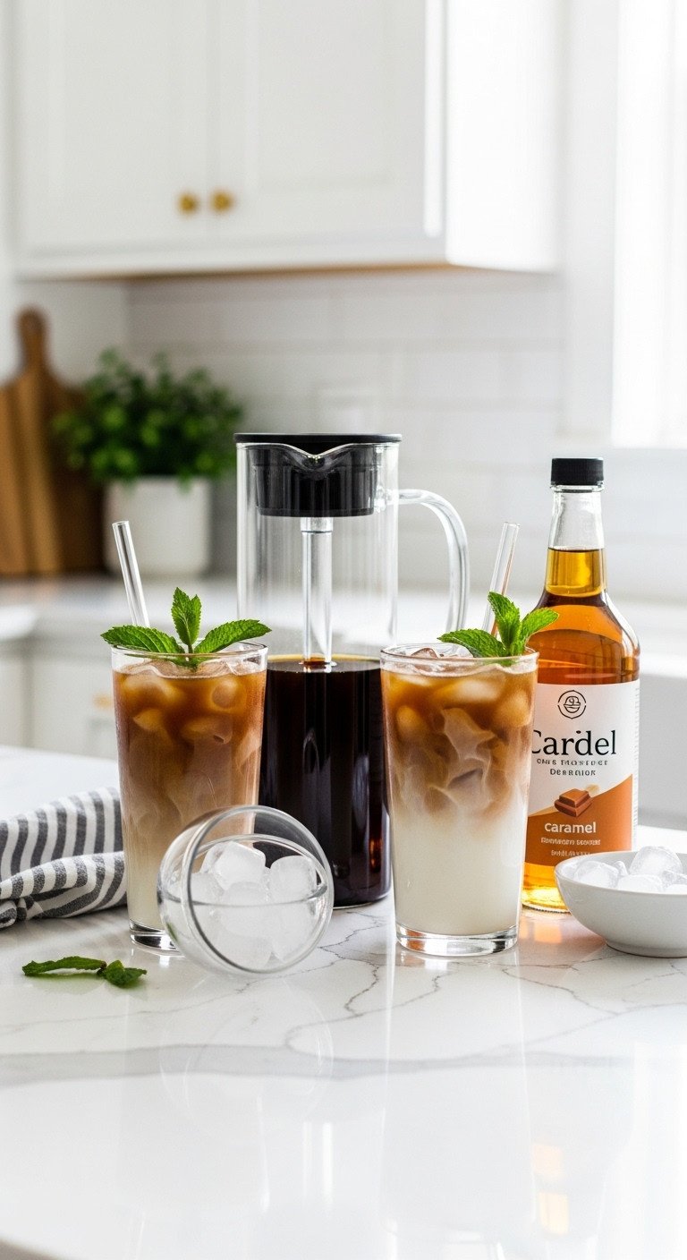 Iced coffee queen cooler gift basket for women with cold brew maker glass tumbler and caramel syrup on a quartz countertop
