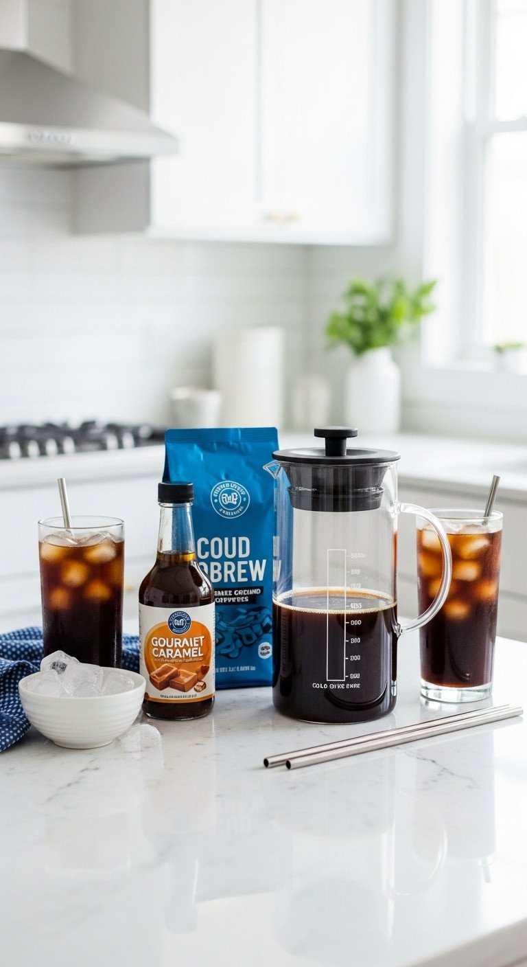 Iced coffee themed gift basket with cold brew maker coarse-ground coffee caramel syrup and reusable straws on a marble countertop