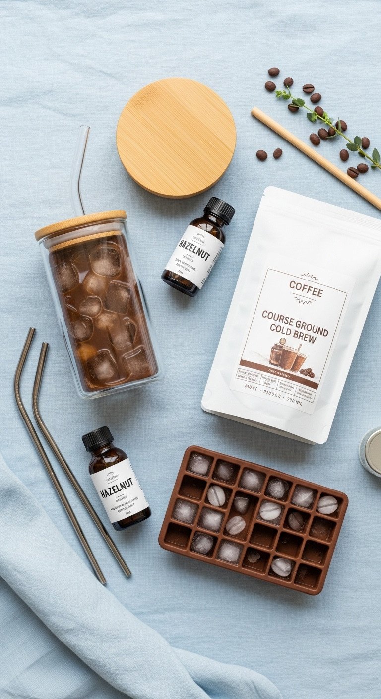 Iced coffee themed gift basket with glass tumbler cold brew coffee and bean ice cube tray on light blue tablecloth