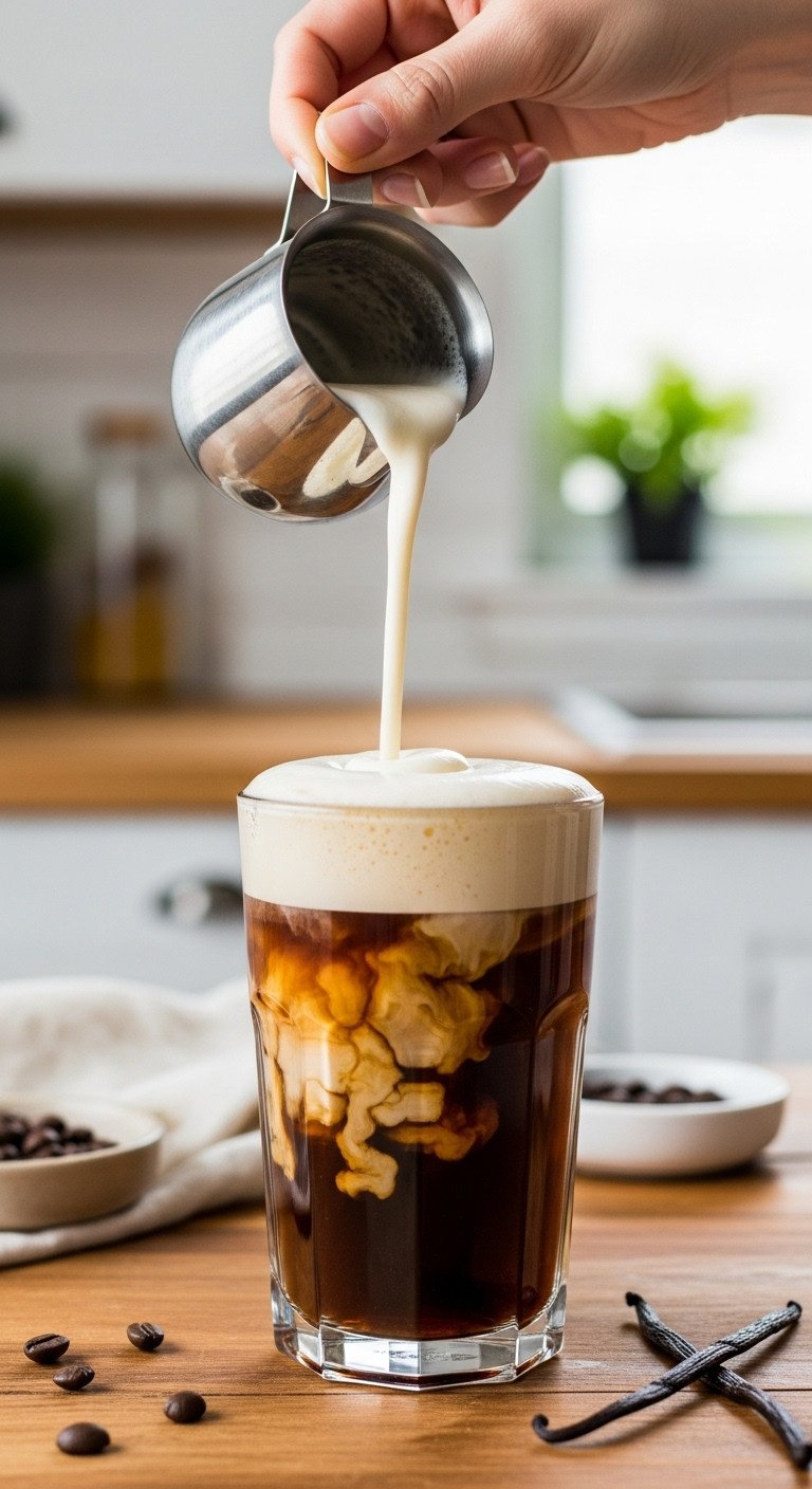Unlock The Secret To Perfect Creamy Cold Foam At Home 1 Iced cold brew coffee, vanilla sweet cream cold foam pouring from pitcher, coffee beans, vanilla pod on rustic table.