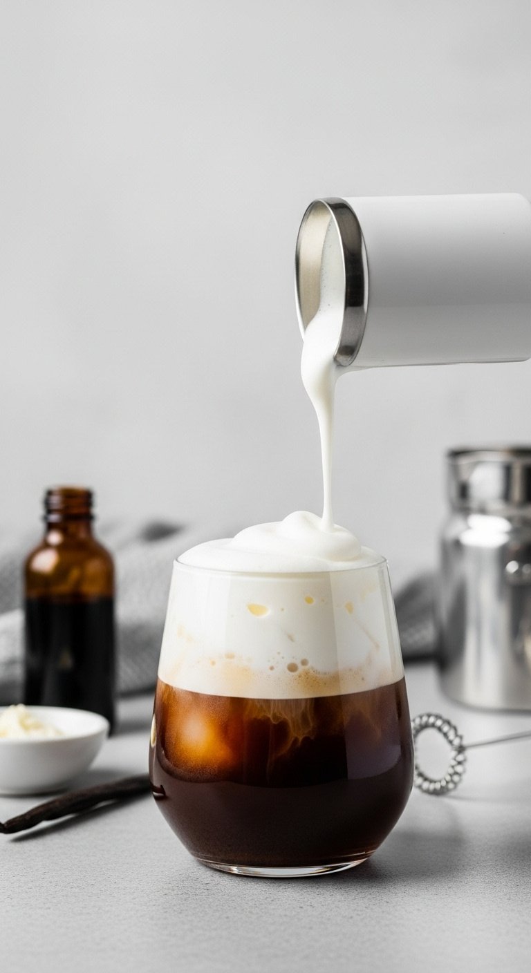 9 Effortless Cold Espresso Drinks For The Home Barista 15 Iced espresso, vanilla sweet cream cold foam in tumbler, foam cascading. Vanilla extract, milk frother on concrete. Coffee recipe.