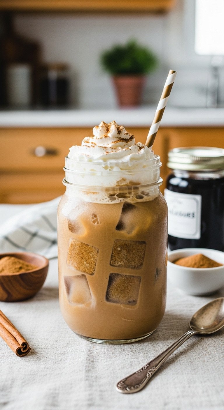 Iced gingerbread coffee with spiced ice cubes whipped cream and cinnamon in a mason jar on a linen tablecloth
