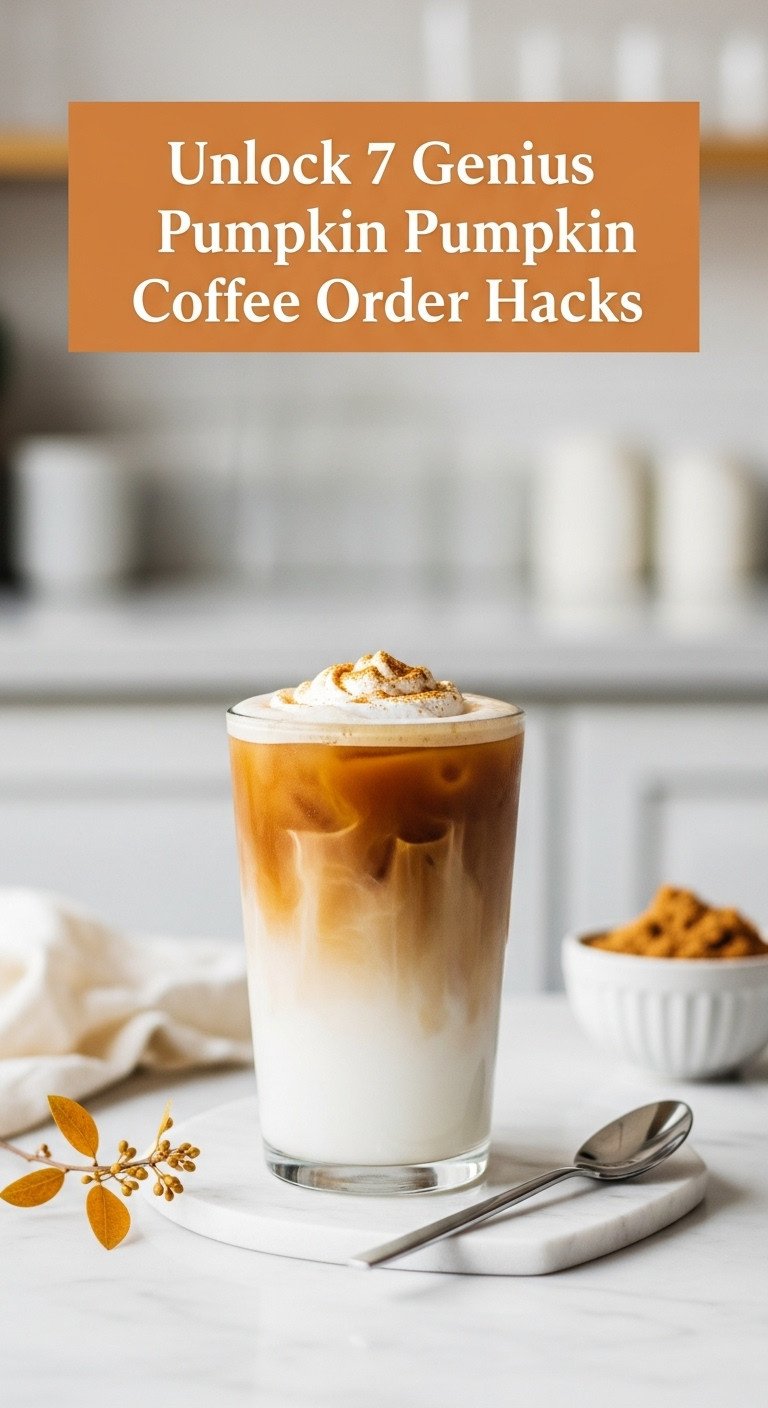 Iced 'lighter' Pumpkin Spice Latte in clear glass with coffee, milk layers, pumpkin spice swirl. Autumn foliage, spoon, marble counter, cafe background.