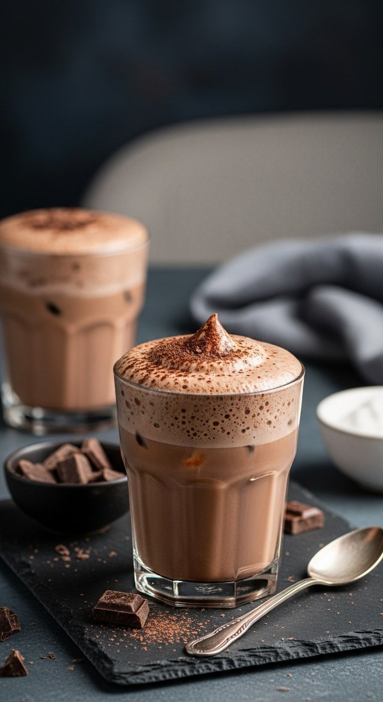 Unlock The Secret To Perfect Creamy Cold Foam At Home 3 Iced mocha coffee with chocolate cold foam, cocoa dusting, chocolate shavings, on dark slate in cozy cafe.