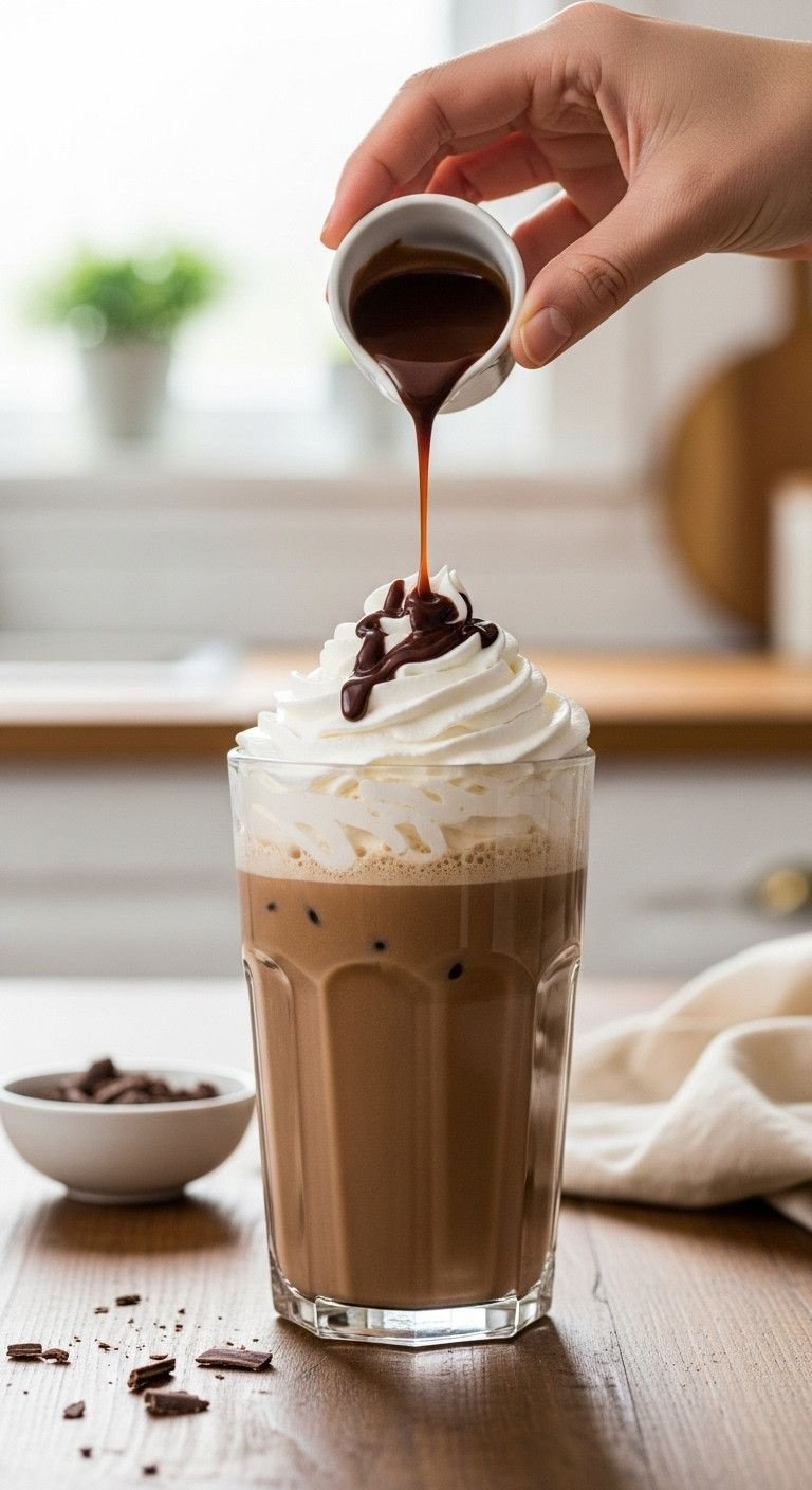 A Simple Method For The Perfect Iced Mocha Every Time 13 Iced mocha topped with whipped cream and chocolate drizzle. Indulgent coffee drink with chocolate shavings on a wooden table.