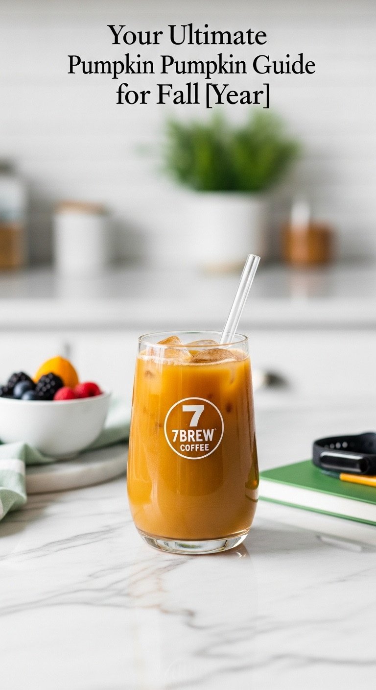 Iced sugar-free 7 Brew pumpkin coffee in a modern tumbler with a straw, berries & fitness tracker on white marble.