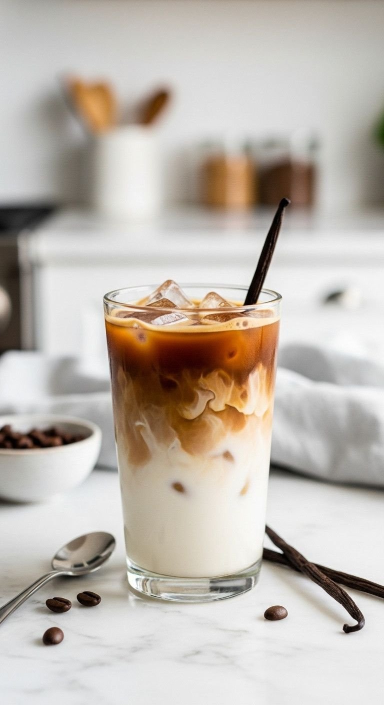 9 Delicious Diabetic Iced Coffee Recipes To Make At Home 1 Iced vanilla latte in clear glass, layered with espresso, creamy almond milk, ice, and a vanilla bean. Perfect coffee drink.