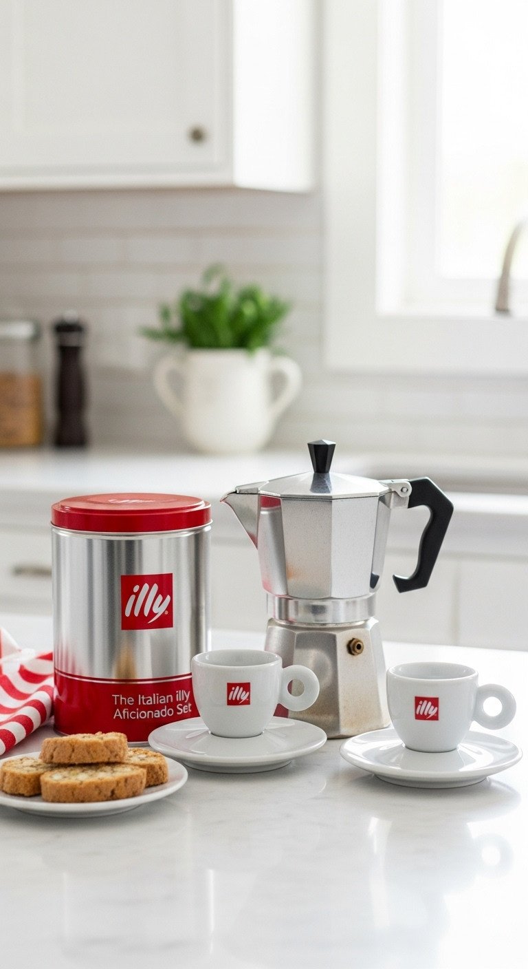 Illy coffee can Moka pot and two Illy branded espresso cups with biscotti on a white marble countertop