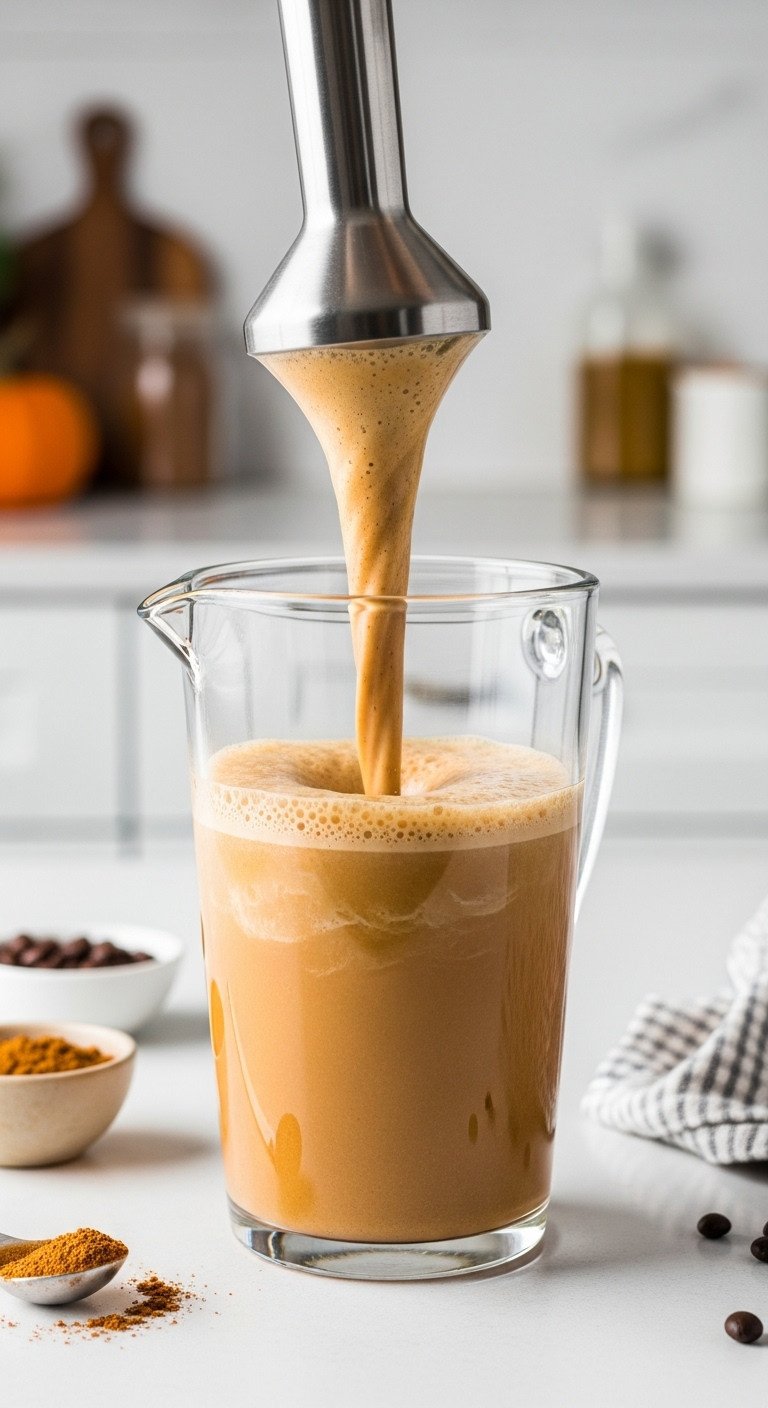 Easy Creamy Keto Pumpkin Spice Latte Better Than Starbucks 9 Immersion blender vigorously mixing golden-brown keto latte liquid, creating creamy froth in a clear glass mug on a white counter.