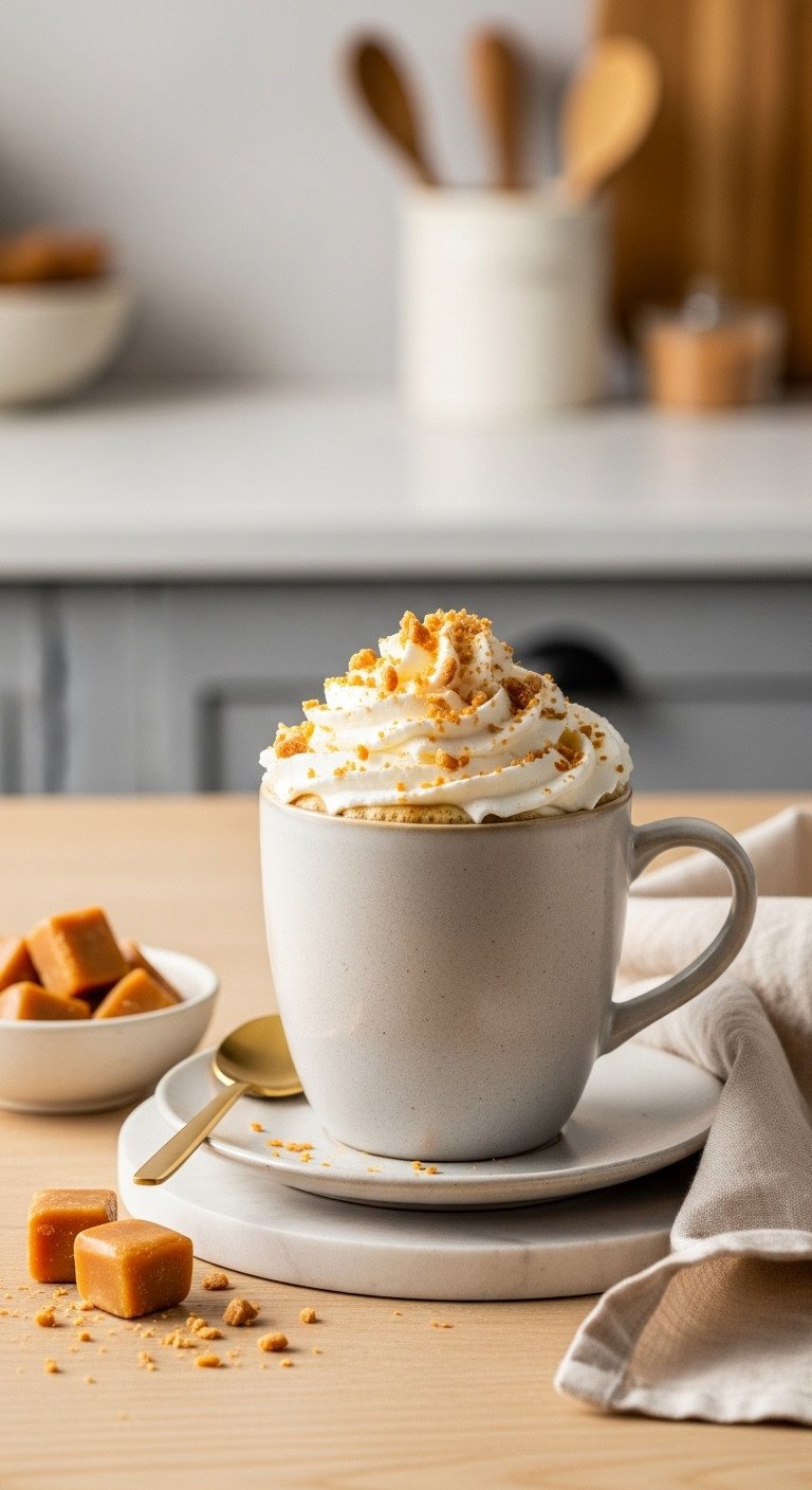 Indulgent Caramel Brûlée Latte in a stylish mug with whipped cream and crunchy caramel bits on a light wooden surface in a blurred kitchen
