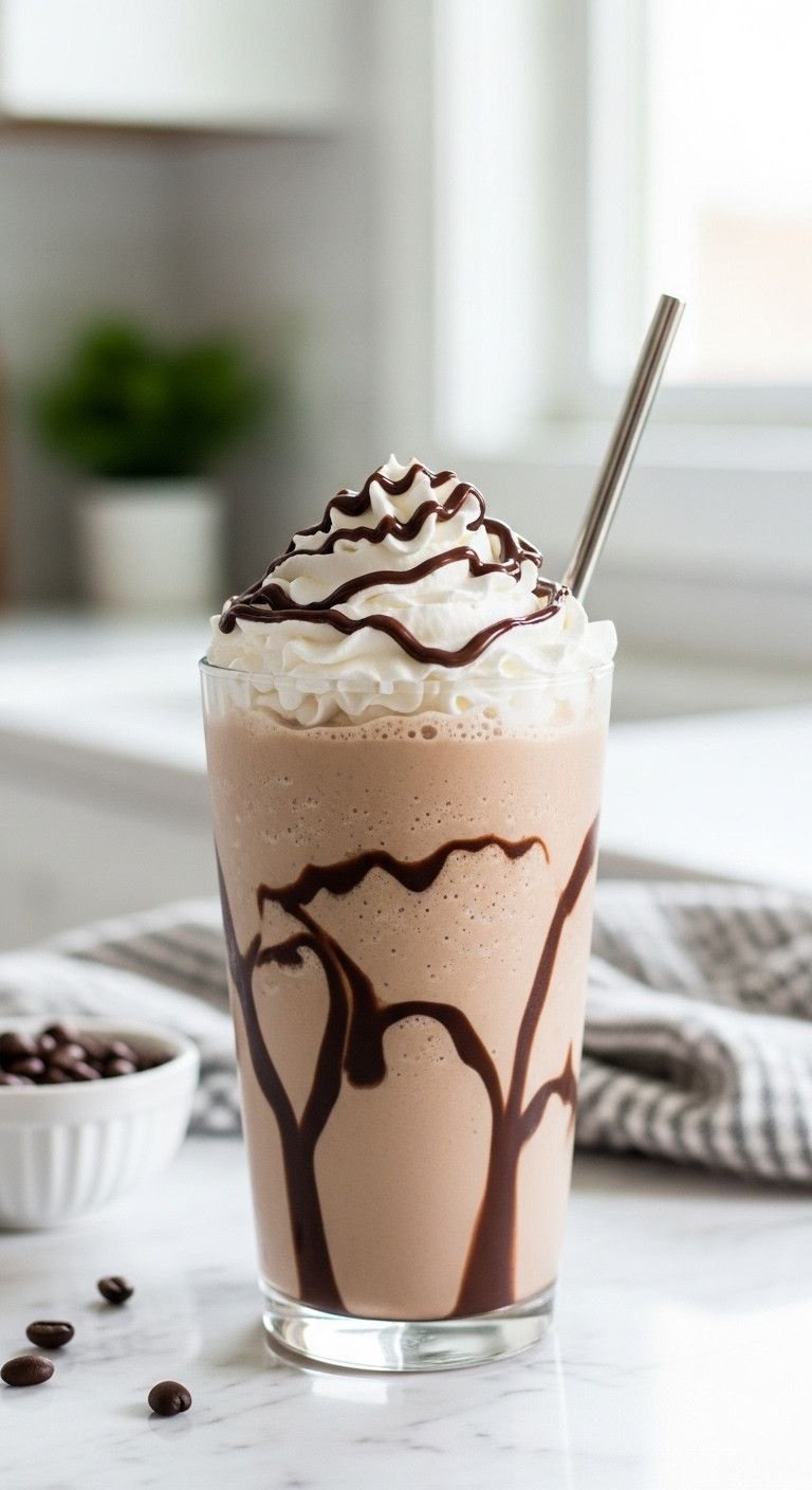 The Secret To Perfectly Creamy Nutella Iced Coffee 1 Indulgent Nutella iced coffee Frappuccino, blended, with chocolate swirls, whipped cream, drizzle, metal straw on marble kitchen counter.