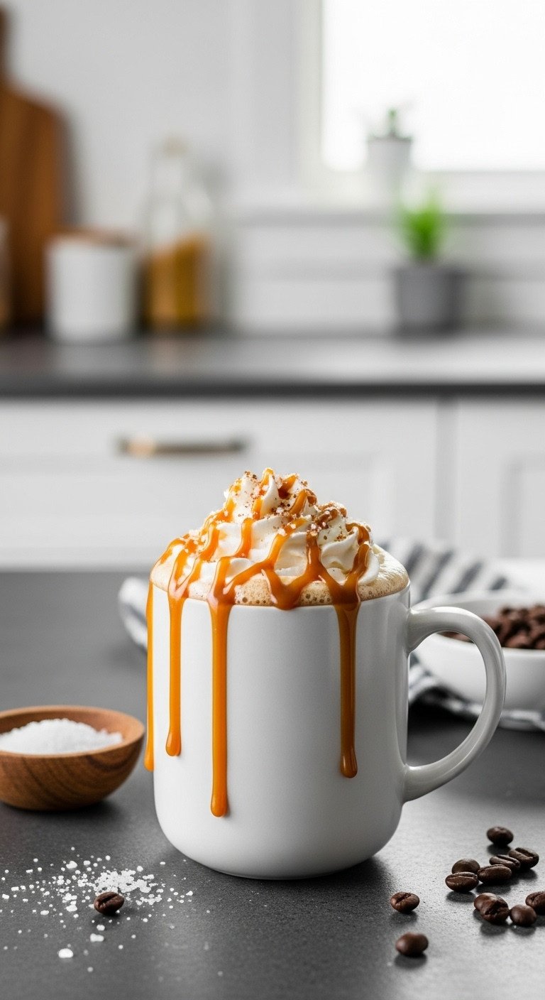 Indulgent Salted Caramel Mocha in a sleek modern mug with whipped cream caramel drizzle and sea salt on a slate gray countertop