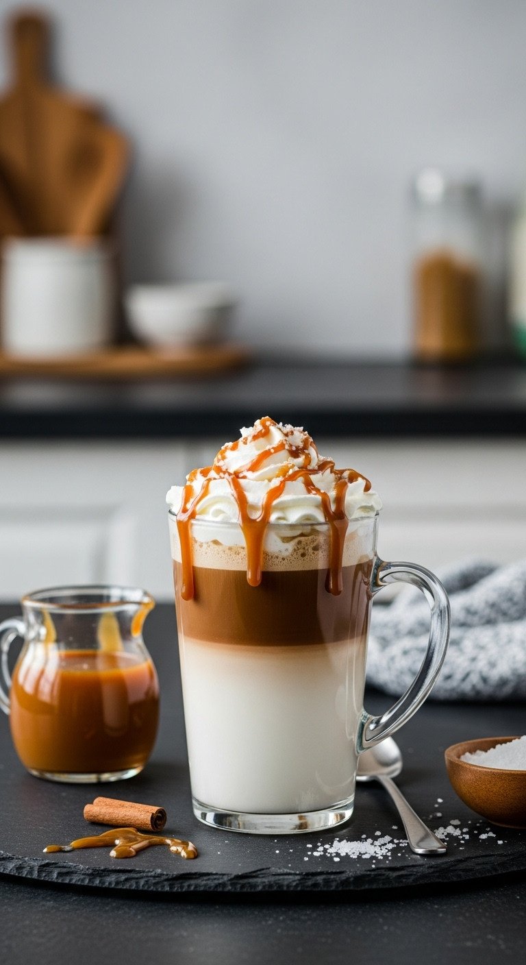 Indulgent Salted Caramel Mocha in a tall glass mug with whipped cream caramel drizzle and sea salt on a dark slate surface