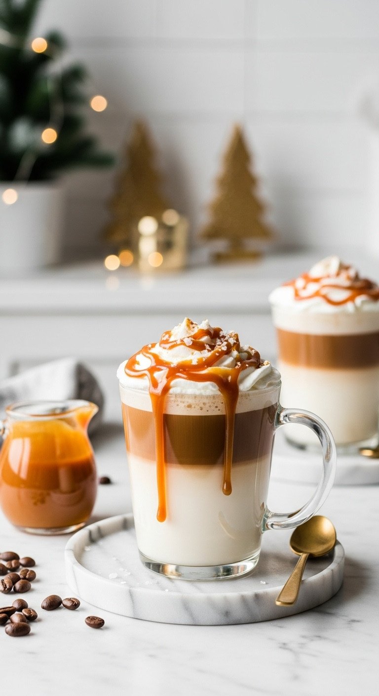 Indulgent Salted Caramel Mocha with whipped cream caramel sauce and sea salt on a marble countertop with blurred holiday decor