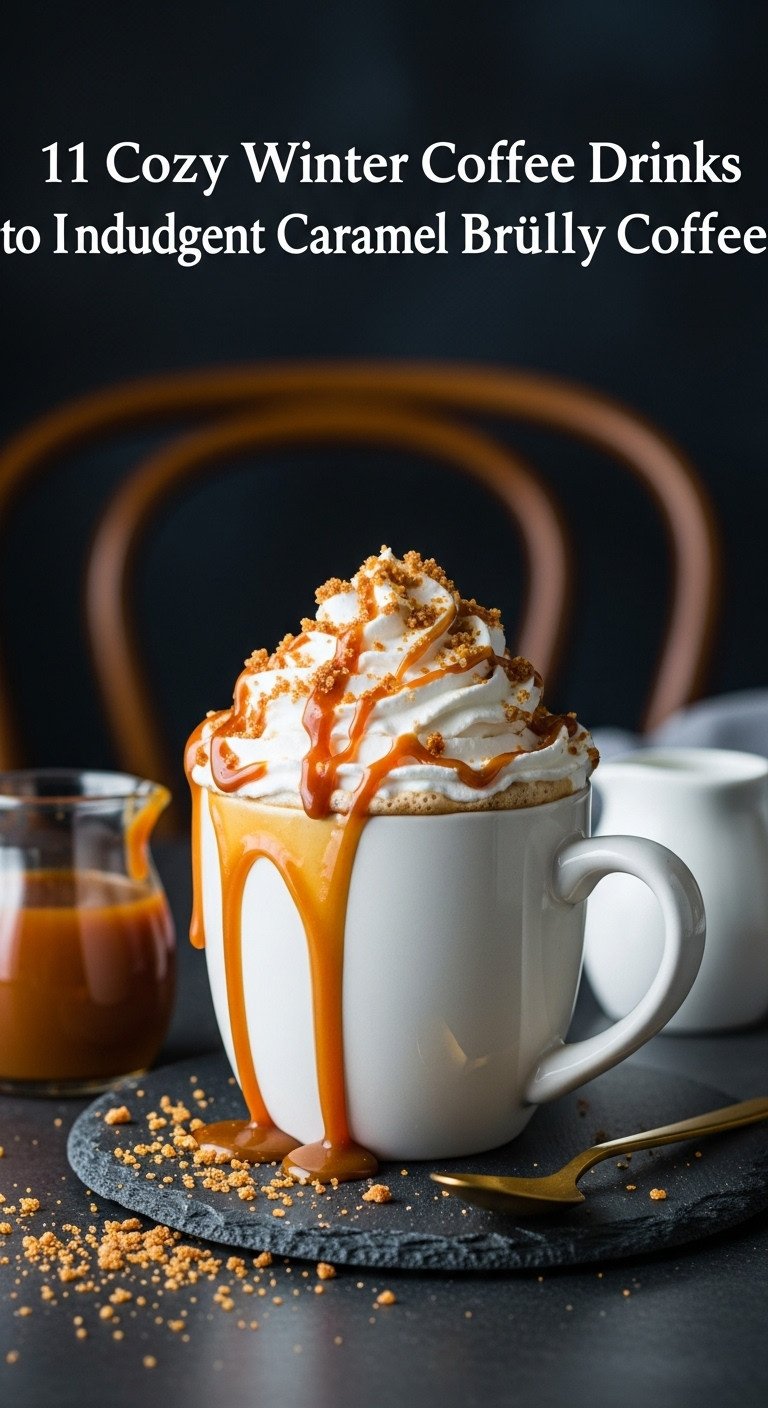 Indulgent caramel brûlée coffee with whipped cream, caramel drizzle, and crunchy sugar on a dark stone surface