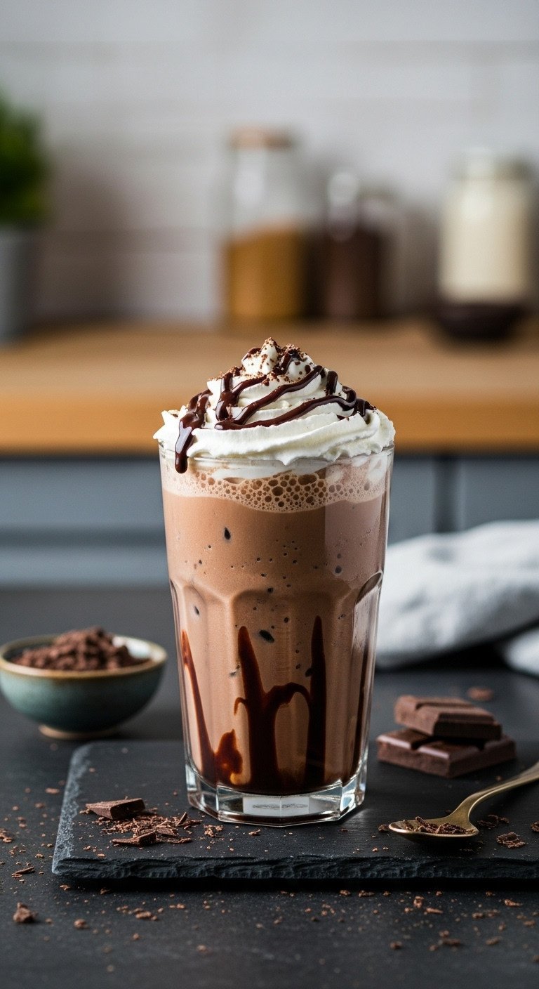 The Foolproof Cold Brew Coffee Recipe For Perfect Results 7 Indulgent iced mocha topped with whipped cream, chocolate drizzle, and shavings on dark slate. Cozy kitchen setting.