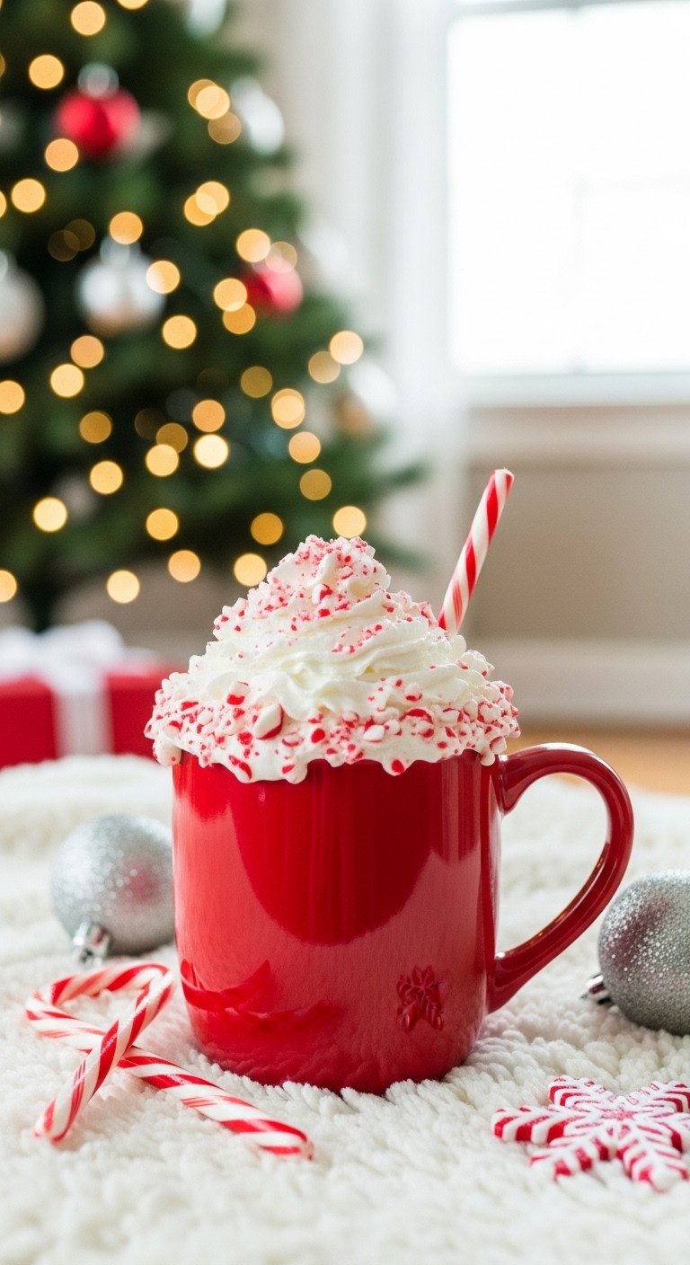 Indulgent peppermint mocha in a red mug with whipped cream and crushed candy canes on a white blanket