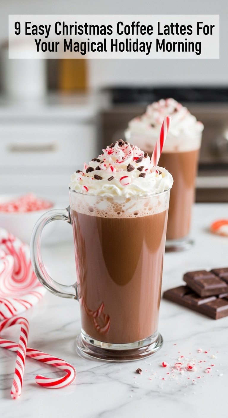 Indulgent peppermint mocha latte in a tall glass with whipped cream chocolate shavings and candy canes on a marble countertop