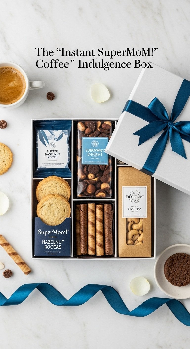 Instant SuperMom indulgence box Mother's Day coffee gift basket with European coffee shortbread chocolate hazelnut wafer rolls and cashew roca