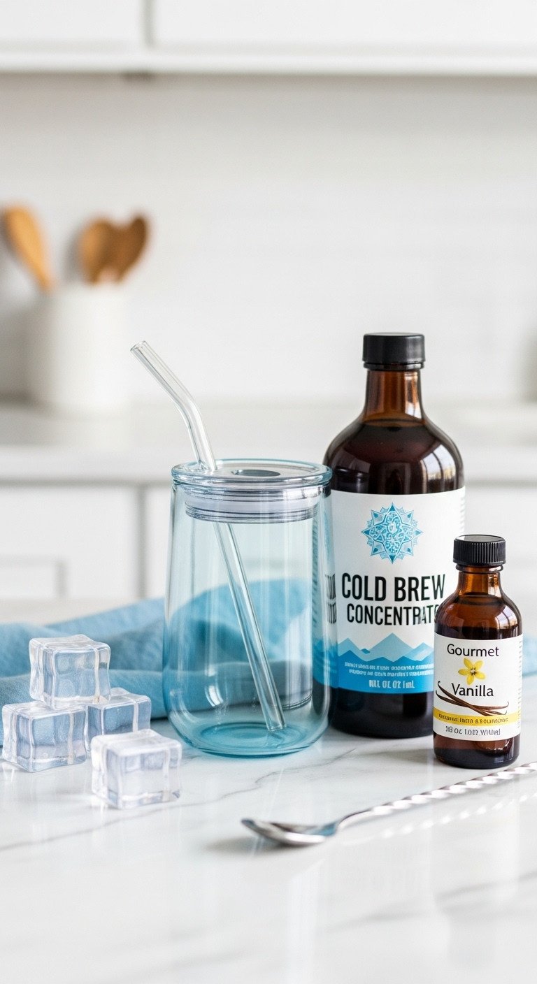 Insulated glass tumbler, cold brew concentrate, vanilla syrup, ice cubes, and cocktail spoon on white marble countertop
