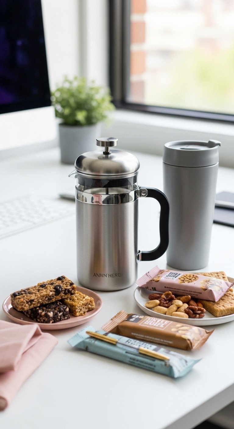 Insulated stainless steel French press spill proof travel mug gourmet granola bars and nuts on a clean modern desk