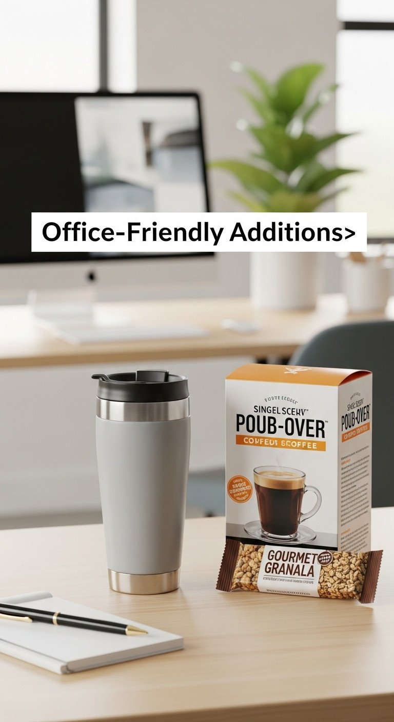 Insulated travel mug, single-serve pour-over coffee packets, and granola bar on a modern light wood desk in an office environment