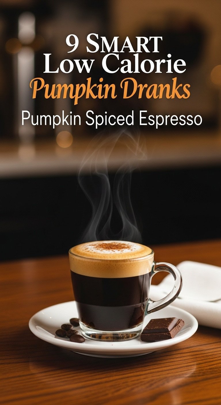 Intense Pumpkin Spiced Espresso with rich crema and pumpkin spice in a small cup on dark wood. Low calorie Starbucks drink.