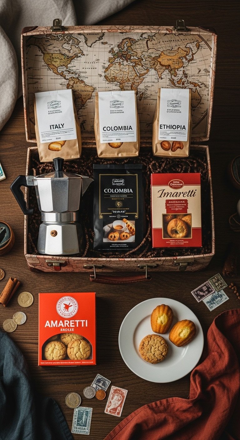 International coffee journey Easter basket with coffee bags Moka pot madeleines and amaretti cookies in a vintage suitcase