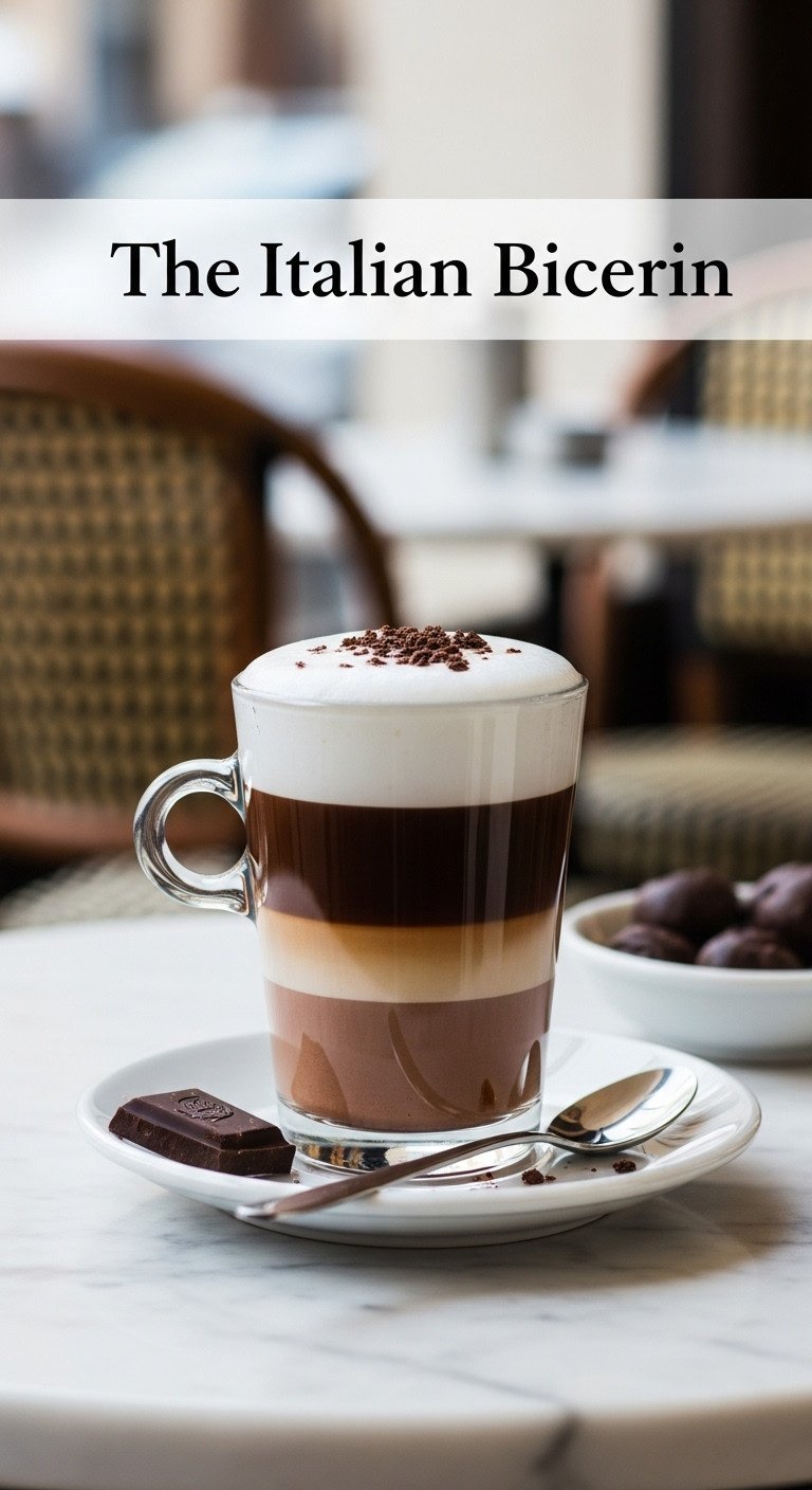 Italian Bicerin in a clear glass cup with distinct layers of hot chocolate, espresso, and cream
