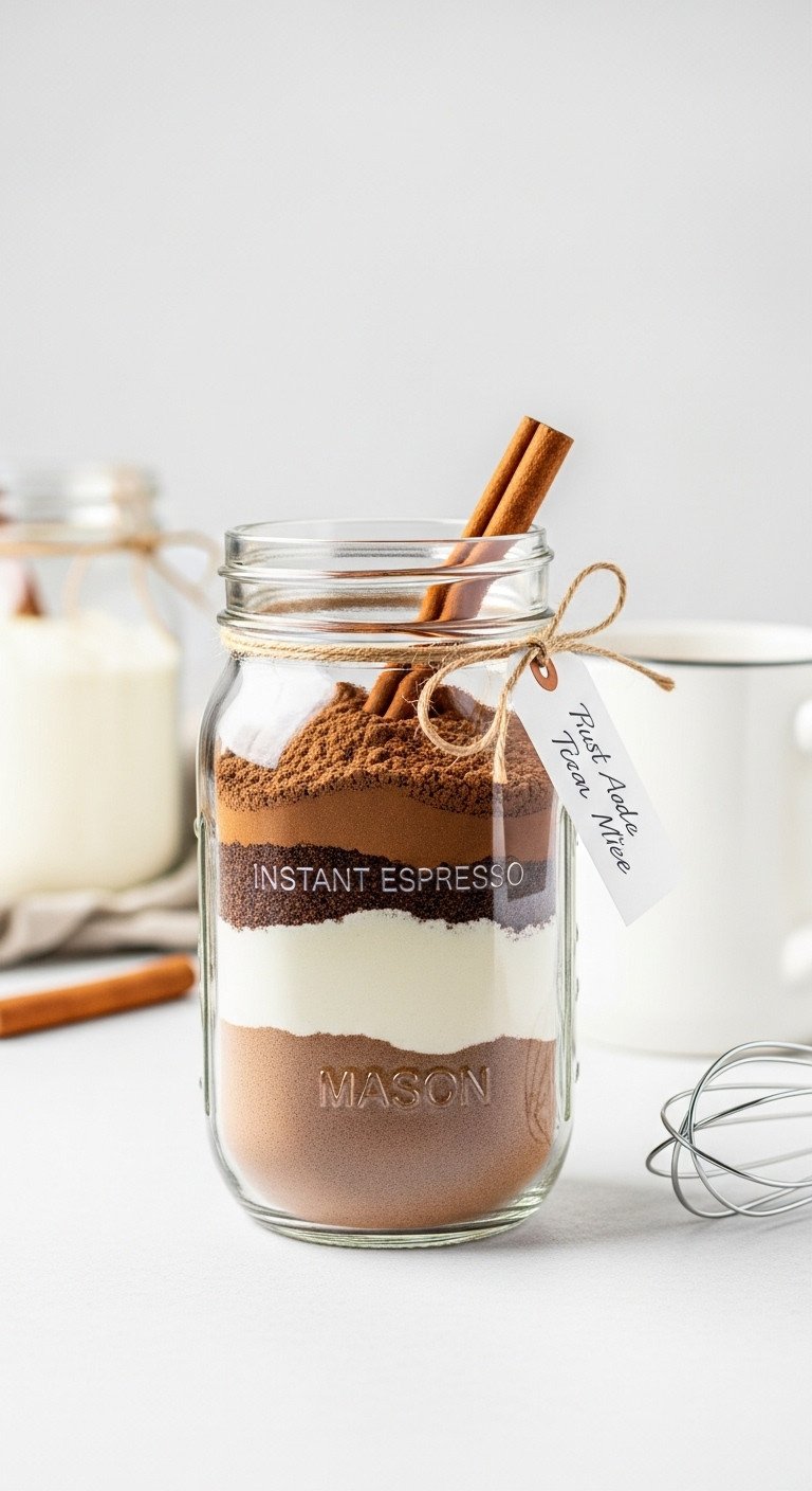 Just Add Hot Water layered latte mix jar with powdered milk instant espresso sugar cocoa powder and cinnamon stick with mug and whisk