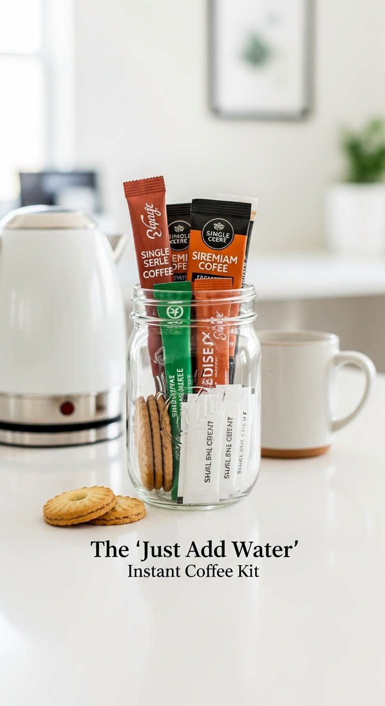 Just Add Water instant coffee kit DIY mason jar gift with instant coffee packets cookies and sugar on a white countertop