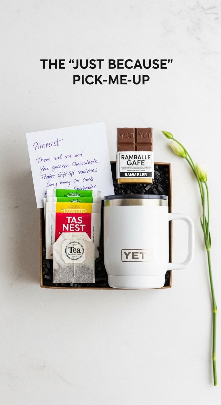 Just because pick me up Yeti gift with white Rambler mug chocolate bar tea bags and handwritten note