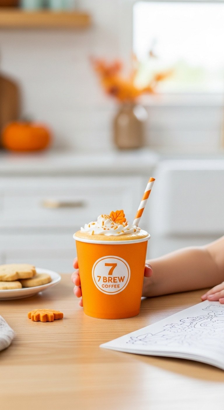 Kid-friendly 7 Brew pumpkin drink in a colorful cup with whipped cream & sprinkles, a child's hand, and fall cookie.