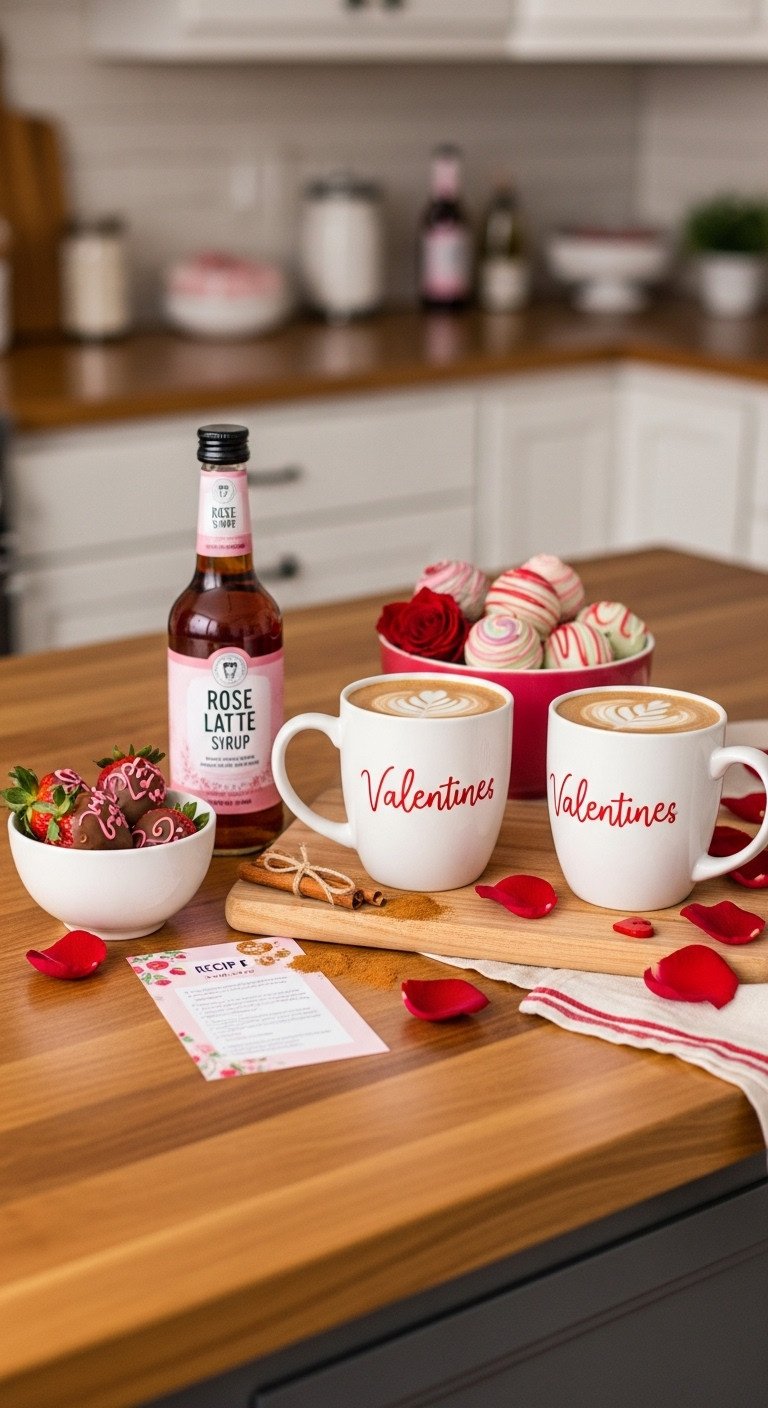Kitchen Cafe date Valentine's Day coffee gift basket with rose latte syrup mugs and chocolate-covered strawberries on a wooden island
