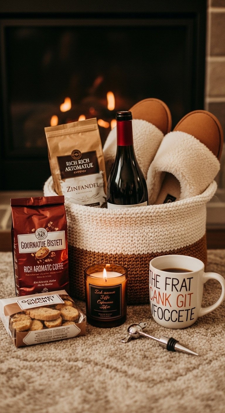 Knitted basket with Zinfandel rich aromatic coffee fuzzy slippers seasonal candle and a personalized coffee mug by a fireplace