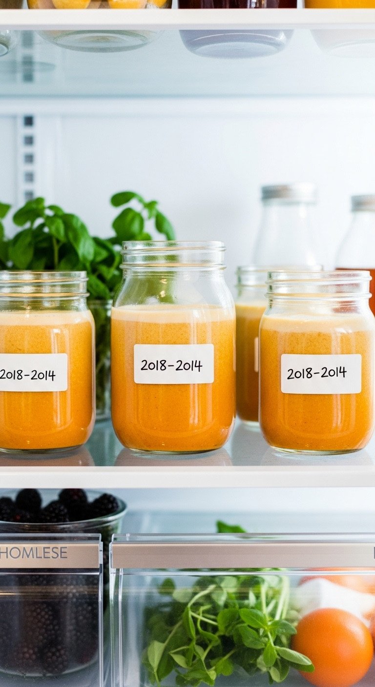 Labeled glass jars of homemade pumpkin creamer stored neatly in a brightly lit, organized refrigerator with produce.