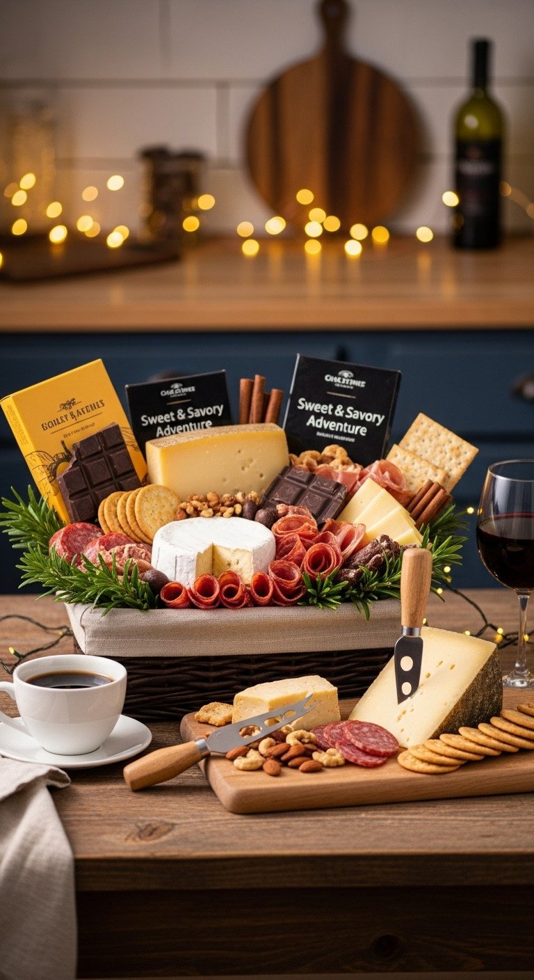 Large basket with coffee dark chocolate hard cheese cured meats nuts and crackers on a wooden cutting board with wine