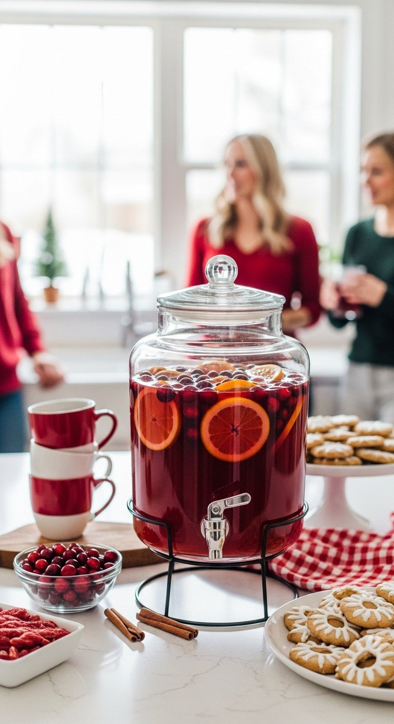 Large glass dispenser of Hot Cranberry Apple Cider Mocktail with cranberries and orange slices on a kitchen island buffet
