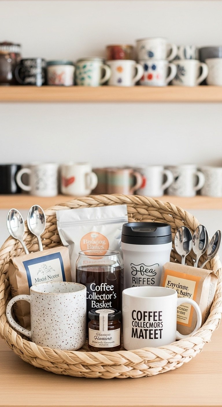 Large open basket showcasing unique coffee mugs with cookies and tea bags on a light wooden shelf