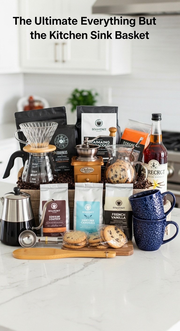 Large overflowing gift basket with glass pour over set coffee bean sampler manual grinder gourmet cookies vanilla syrup and mugs