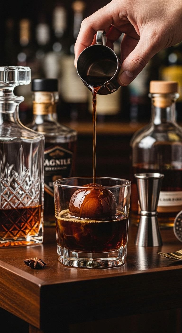 Genius Coffee Ice Cubes for Never Watery Iced Coffee 13 Large, round coffee ice sphere in a lowball whiskey glass with coffee liqueur pouring. Dark wood bar, elegant setup.