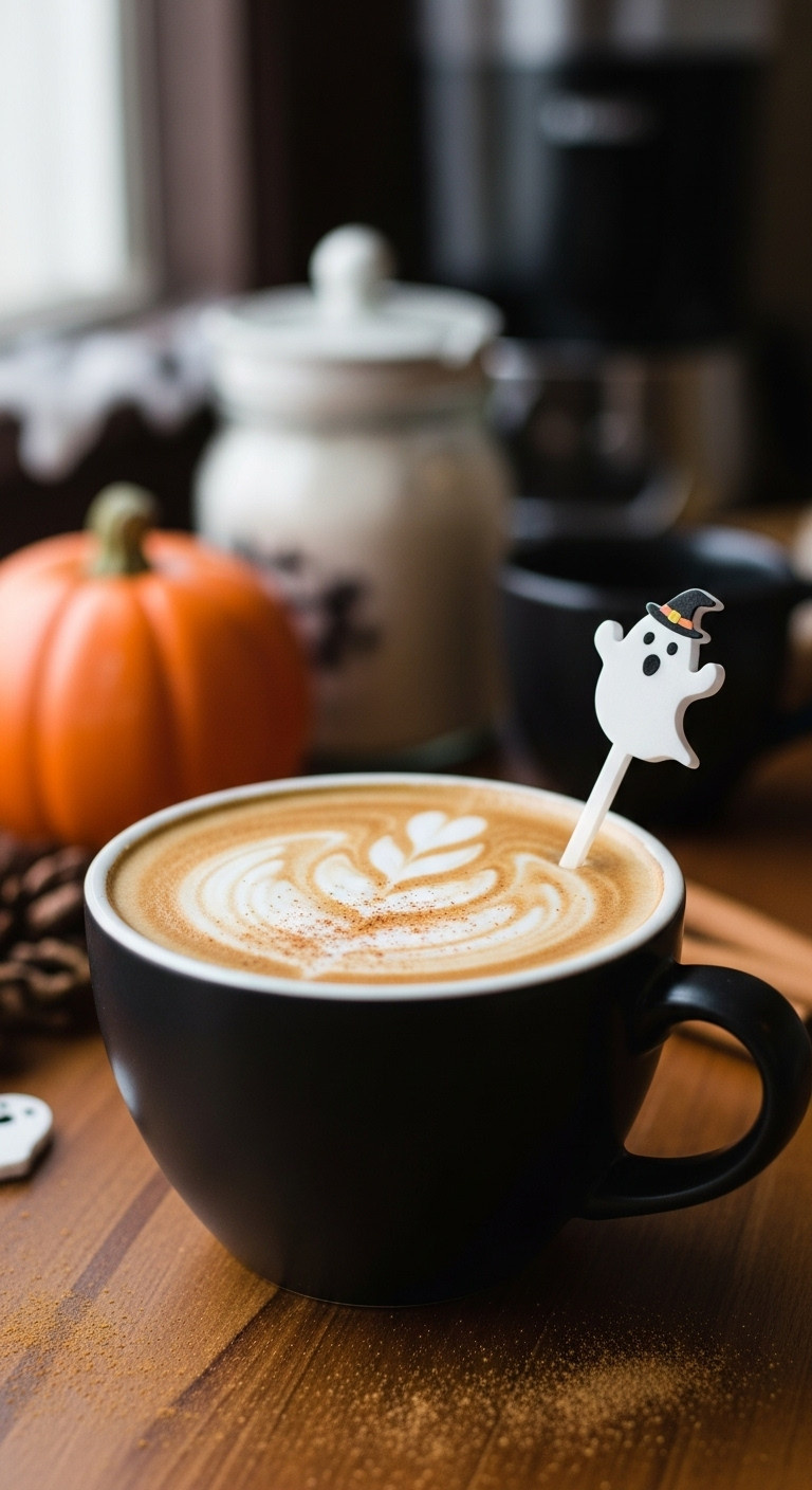 Latte in black mug with ghost-shaped drink stirrer latte art foam and cinnamon on wooden table soft natural window light