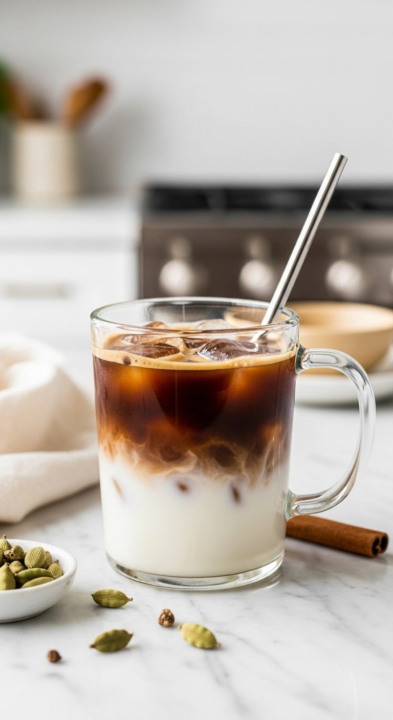 Layered Dirty Chai Latte in a clear glass mug over ice with cardamom pods and a cinnamon stick on a marble countertop