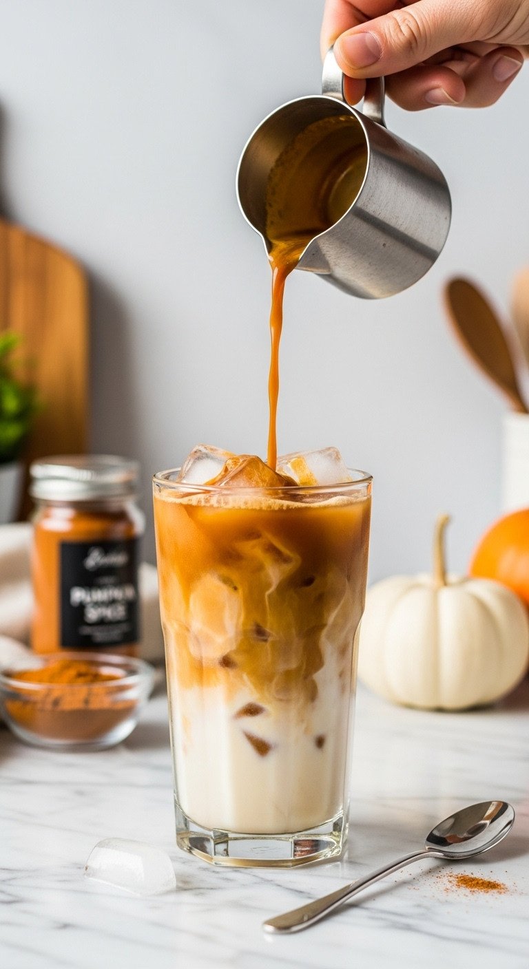 Layered Iced Pumpkin Caramel Latte with espresso pouring in on a marble countertop with a blurred modern kitchen