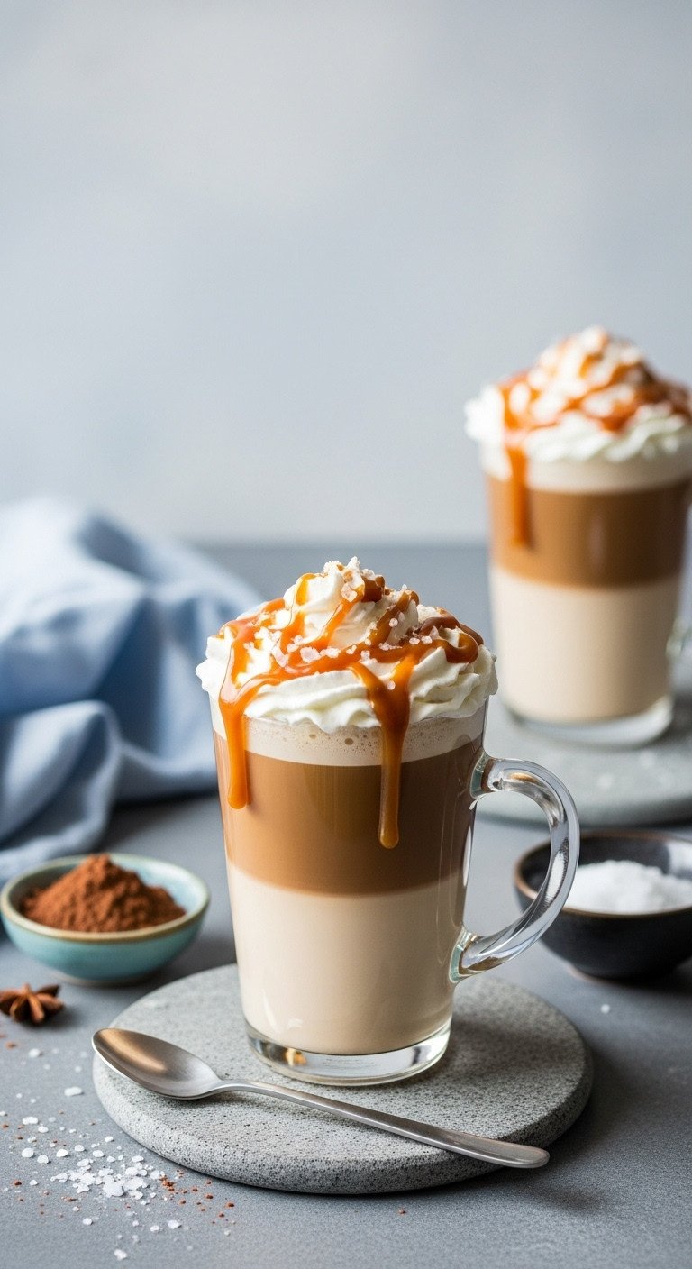 Layered Indulgent Salted Caramel Mocha with whipped cream caramel and sea salt on a stone surface with cocoa powder