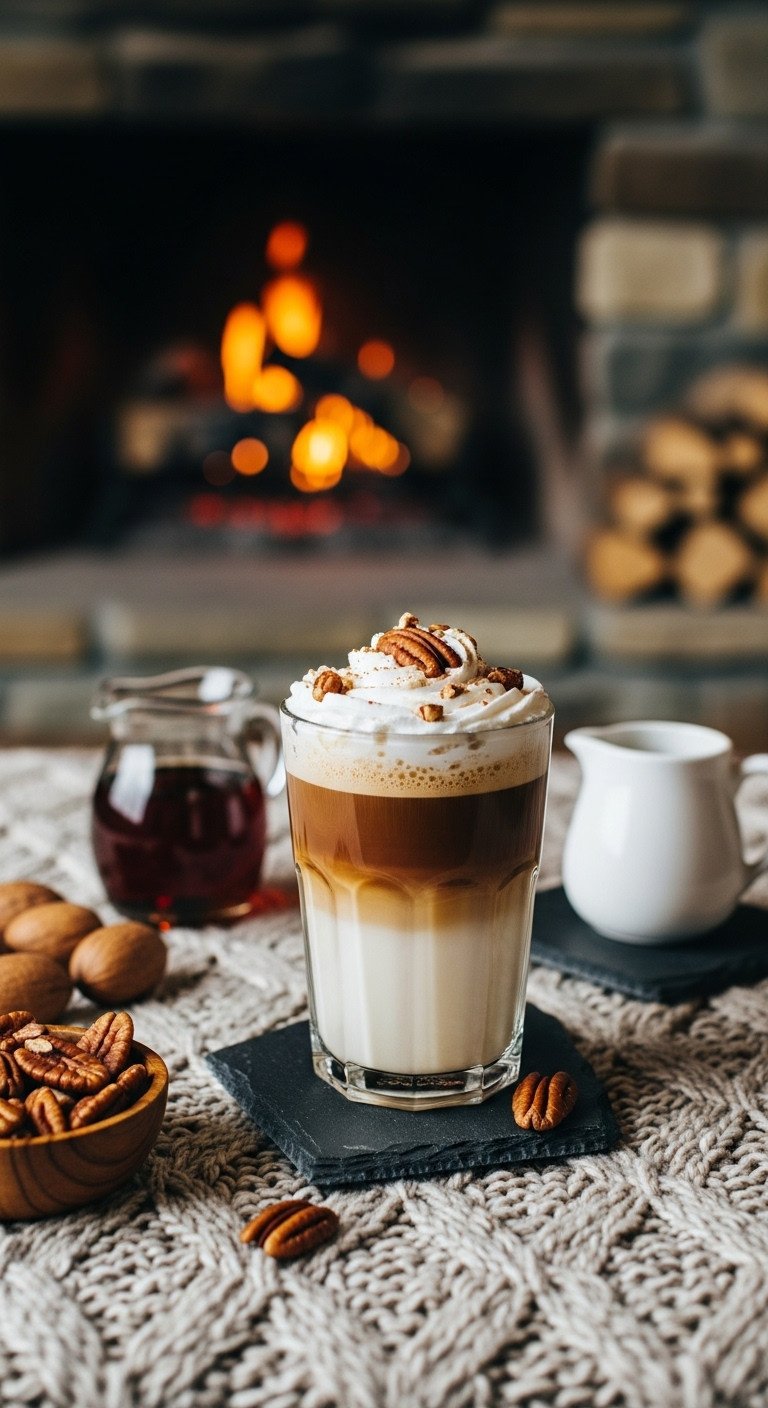 Layered Maple Pecan Macchiato with whipped cream and toasted pecans on a knit blanket with a blurred fireplace background