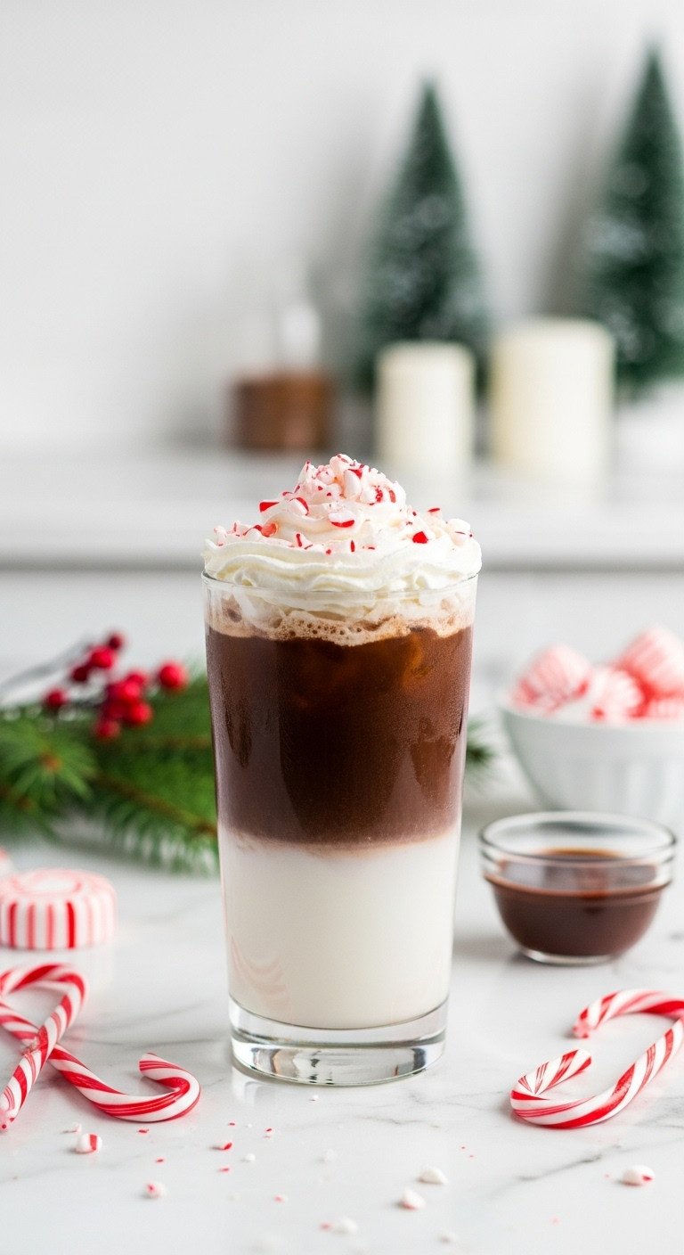 Layered Peppermint Mocha Cold Brew with whipped cream and crushed candy canes on white marble with blurred Christmas decor